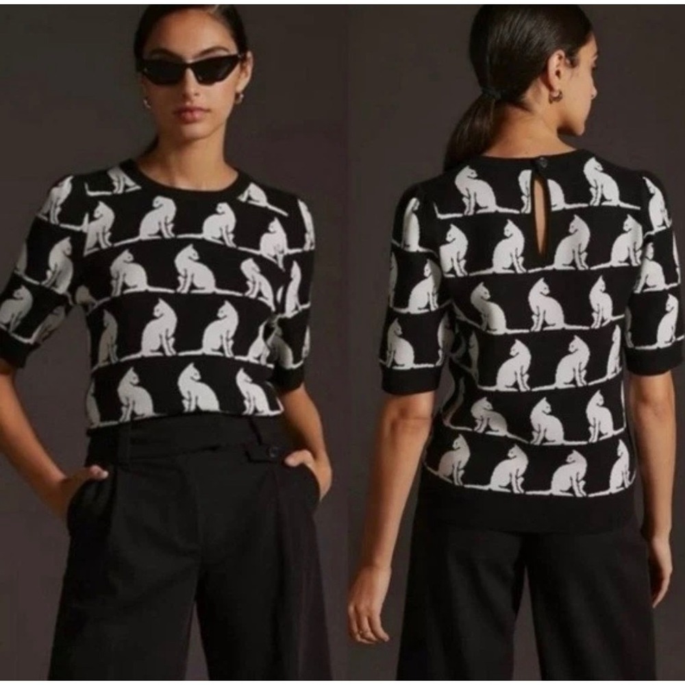 Maeve Medium Black White Cats Short Sleeve Sweater Top Novelty Whimsical